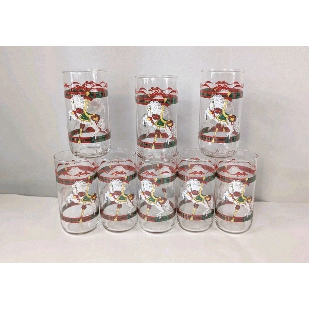Vintage House of Lloyd Christmas Carousel Horses Tumbler Set of 8 Glasses 1990